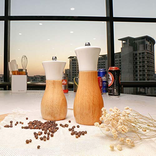 [Australia - AusPower] - Salt Grinder White Wooden Pepper Grinder Sea Salt And Pepper Grinders Set 5” And 6” Salt Mills of Oilcan Shaped For Blue Or White By Tessie & Jessie (Oilcan, White) Oilcan(5"+6") 