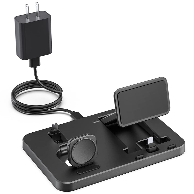 [Australia - AusPower] - MODOCH 3 in 1 Charging Station for Apple Multiple Devices, Foldable and Portable Charging Dock Compatible with iPhone Airpods Apple Watch Charger Stand with 10w Adapter (Black) Black 
