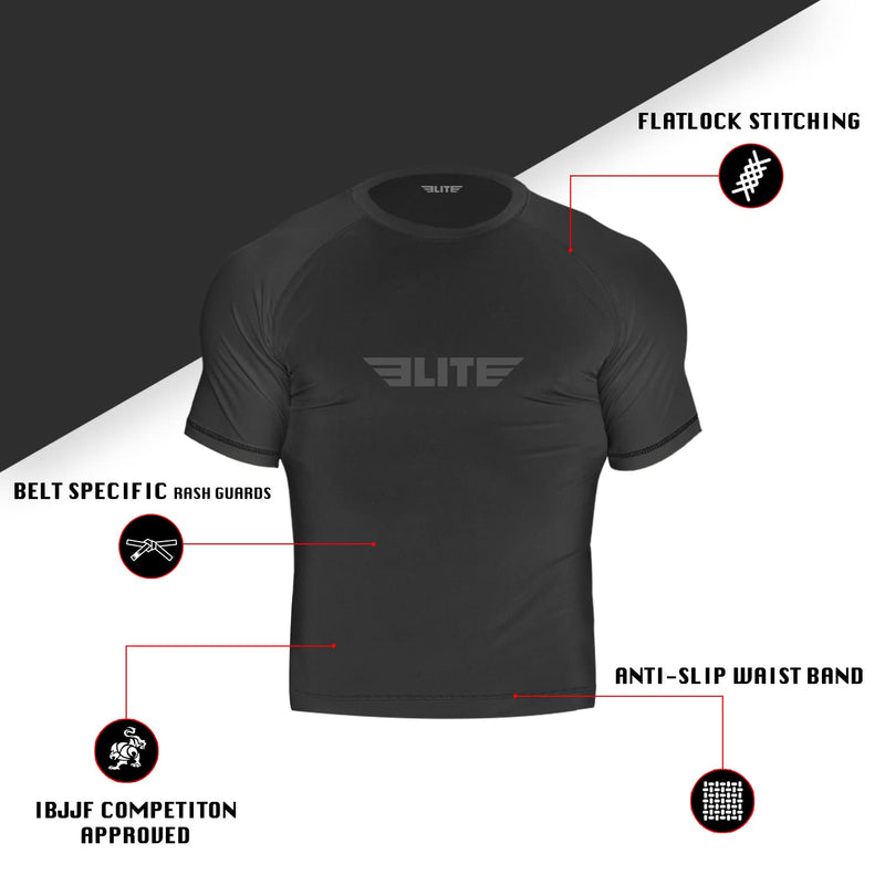 [Australia - AusPower] - 2022 Elite Sports Jiu Jitsu BJJ Rash Guards, Men’s BJJ, No GI, MMA Ranked Short Sleeve Compression Base Layer Rash Guard Black Small 