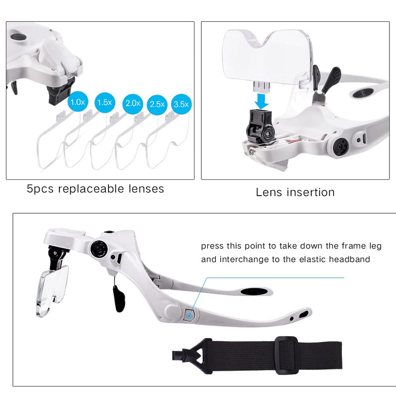 [Australia - AusPower] - Head Mount Magnifier with Light, USB Charging Magnifying Glasses for Close Work, Hands Free Magnifying Glass for Reading, Jewelers Loupe 5 Lenses 1.0X 1.5X 2.0X 2.5X 3.5X 