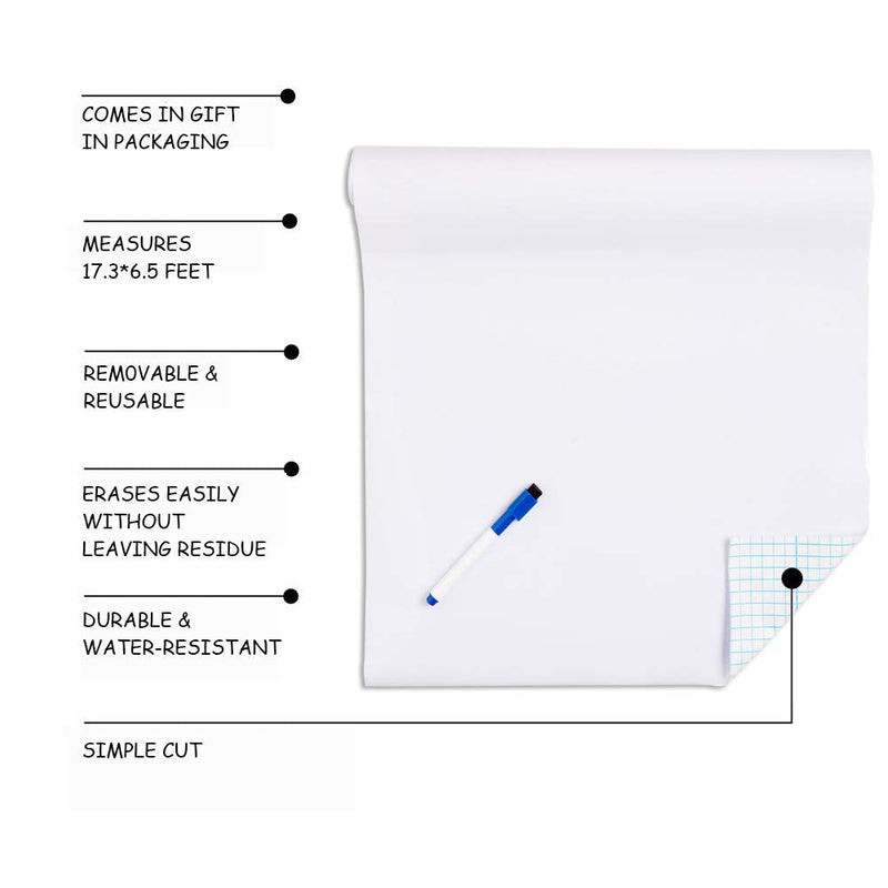 [Australia - AusPower] - SweeHome White Board Paper - 17.3” x 78.7” (6.5 Feet) - Self-Adhesive Dry Erase Board Sheet Sticker Removable Wall Decals for Kids, Office, School & Home with 1PCS Marker Pen 