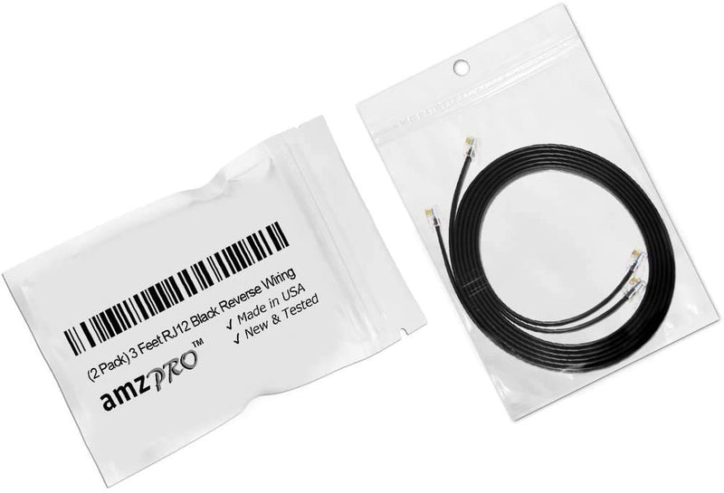 [Australia - AusPower] - (2 Pack) 3 Feet Black RJ12 6P6C Reverse Wired Cable for Voice, Professional Grade Made in USA, Modular Telephone Cord 36" 