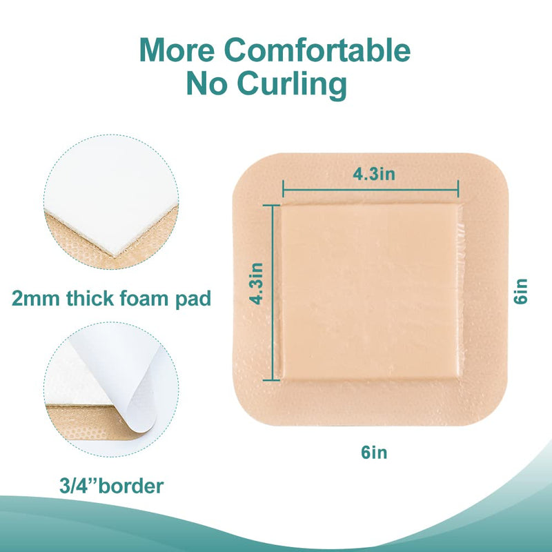 [Australia - AusPower] - Silicone Foam Dressing, 6'' x 6''(4.3" X 4.3" pad) Sacrum Wounds, Waterproof Wound Dressing with Gentle Border, High Absorbency Foam Bandages, Silicone Self-Adhesive Patches,5 Pack 6''x 6'' (5 Dressings) 