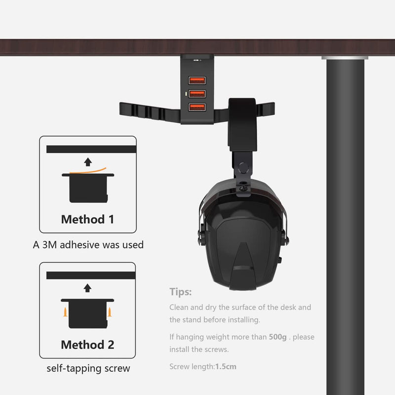 [Australia - AusPower] - Headphone Stand with USB Charger COZOO Under Desk Headset Holder Mount with 3 Port USB Charging Station and iWatch Stand Smart Watch Charging Dock Dual Earphone Hanger Hook,UL Tested Black 