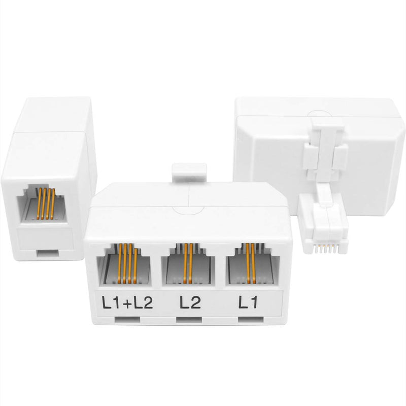 [Australia - AusPower] - NECABLES (2+1Pack) 2pcs Phone Jack Splitter 2 Line Adapter 1 Male to 3 Females (L1, L2, L1+L2) and 1pc Telephone Line Coupler White 