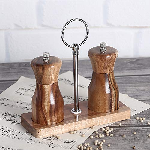 [Australia - AusPower] - Acacia Wood Salt and Pepper Grinder Set, Manual Pepper mill, Refillable, Adjustable Coarseness Ceramic Rotor, with Wooden Stand Holder Tray 