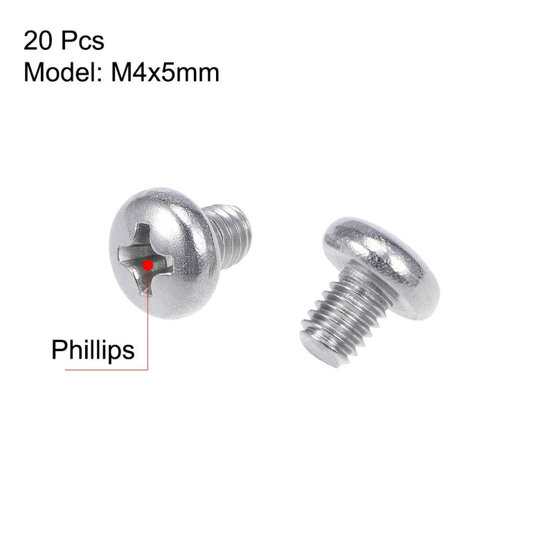 [Australia - AusPower] - uxcell M4x5mm Machine Screws Pan Phillips Cross Head Screw 304 Stainless Steel Fasteners Bolts 20Pcs 