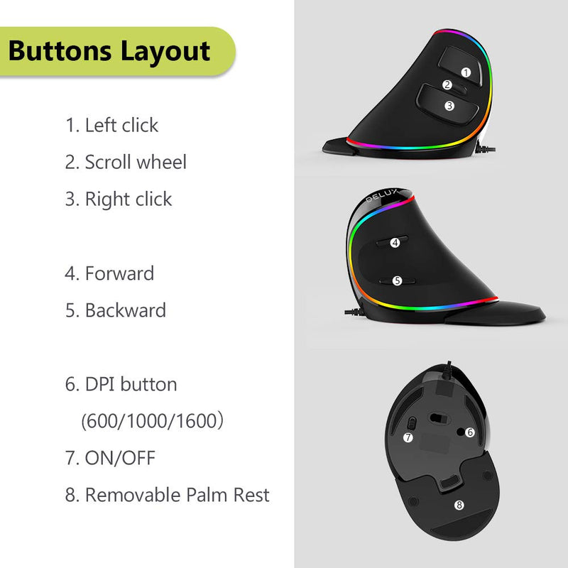 [Australia - AusPower] - DELUX Wired Ergonomic Vertical Mouse, Large RGB Ergonomic Computer Mouse with 6 Buttons, Removable Wrist Rest, 4000DPI and On-Board Software Reduce Hand Strain,for Carpal Tunnel(M618Plus RGB-Black) Wired with RGB 