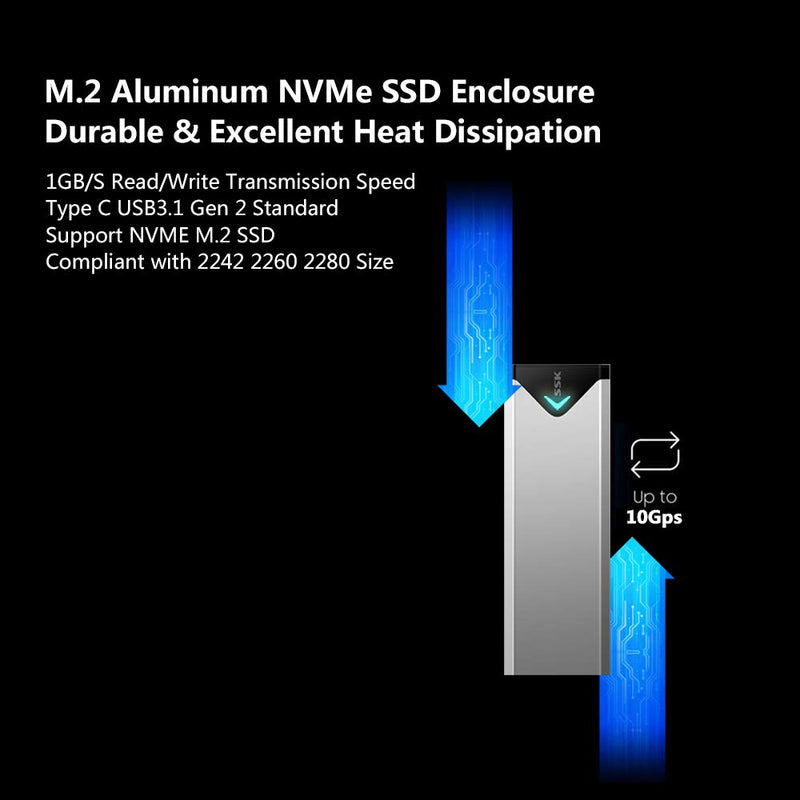 [Australia - AusPower] - SSK Aluminum M.2 NVME SSD Enclosure Adapter, USB 3.1/3.2 Gen 2 (10 Gbps) to NVME PCI-E M-Key Solid State Drive External Enclosure Support UASP Trim (Fits only NVMe PCIe 2242/2260/2280) 
