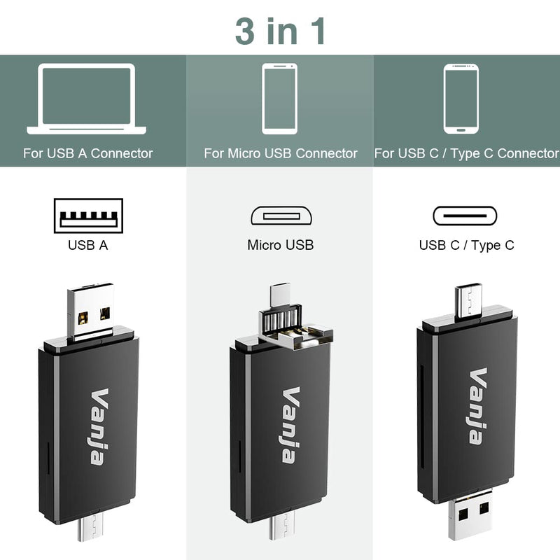 [Australia - AusPower] - Vanja SD Card to USB Adapter, 3-in-1 USB-C USB-A Micro USB SD Card Reader,Trail Camera Memory Card Reader for PC/Laptop/Phone/Tablet, for SD SDXC SDHC MMC RS-MMC microSDXC microSD microSDHC UHS-I Card Black 
