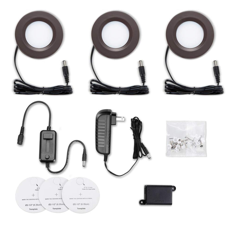[Australia - AusPower] - GETINLIGHT Dimmable LED Puck Lights Kit, Recessed or Surface Mount Design, Soft White 3000K, 12V, 2W (6W Total, 30W Equivalent), Bronze Finished, ETL Listed, (Pack of 3), IN-0102-3-BZ 3-Pucks Kit 