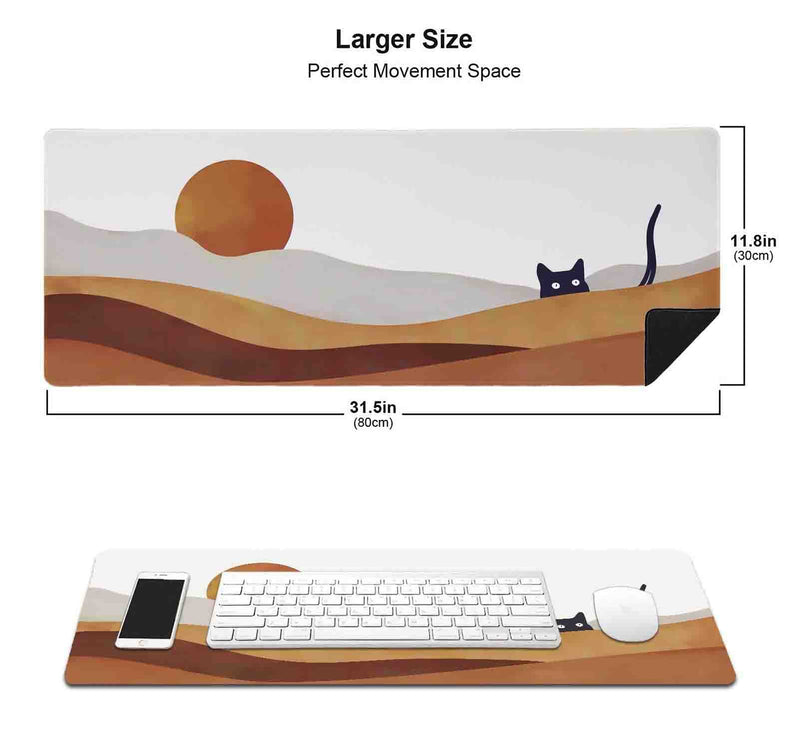 [Australia - AusPower] - Large Gaming Mouse Pad, Desk Pad, Keyboard Mouse Mat Non-Slip Mousepad Rubber Base and Stitched Edges for Laptop Computer Office Desk Accessories, 31.5 X 11.8 Inch, Sunrise Mountain Black Cat 