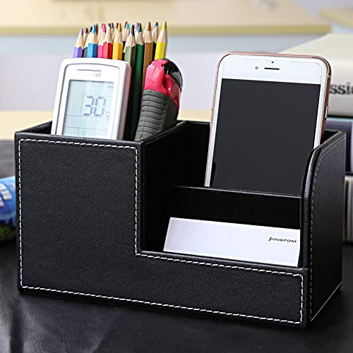 [Australia - AusPower] - Leather Multi-Function Desk Stationery Organizer Storage Box Pen/Pencil, Cell Phone, Business Name Cards, desk organizers (Black) Black 