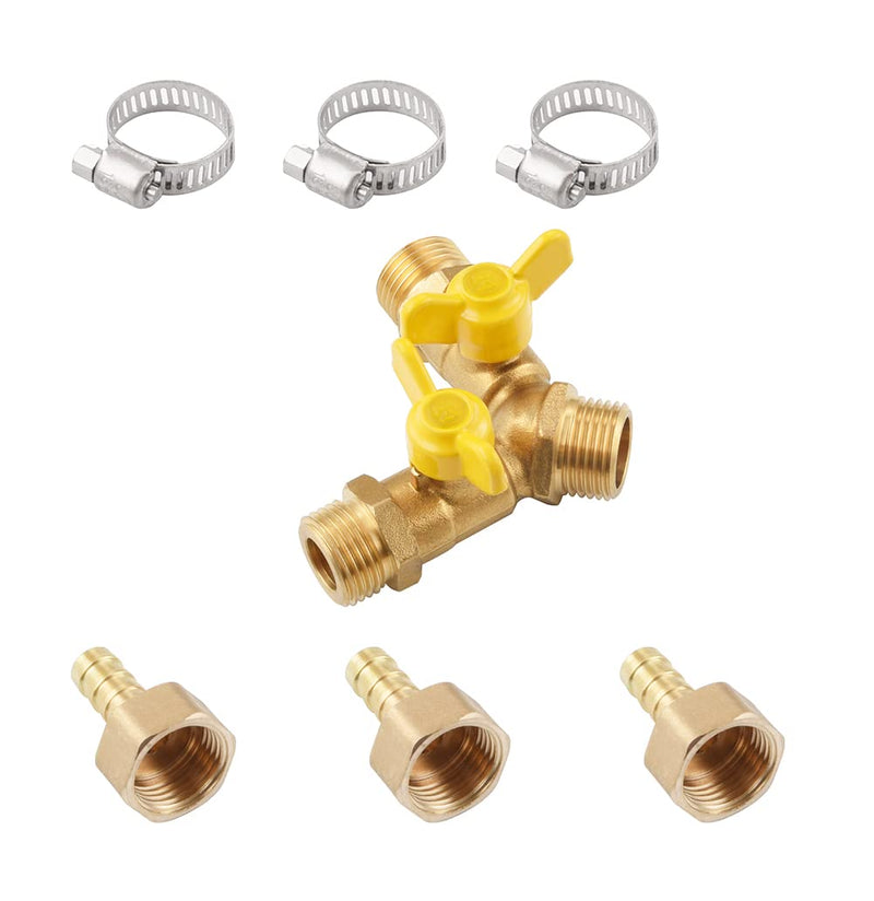 [Australia - AusPower] - Brass 3 Way Shut Off Ball Valve,1/2" Hose Barb 2 Switch Y Shaped Ball Valve with 3 Hose Clamps 1/2" Hose Barb 