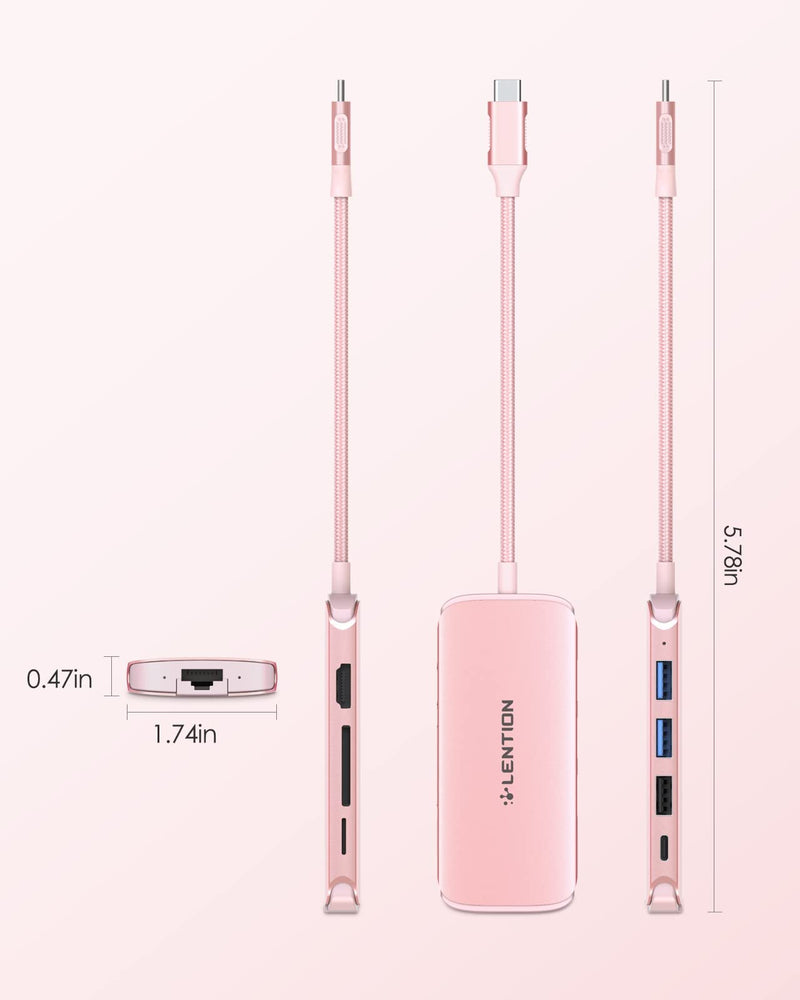 [Australia - AusPower] - LENTION Ultra-Thin USB C Hub with Ethernet, 4K HDMI, USB 3.0/2.0, Card Readers & PD Adapter for 2022-2016 MacBook Pro 13/15/16/M1, New Mac Air & Surface, Chromebook, More (CB-C48, Rose Gold) 