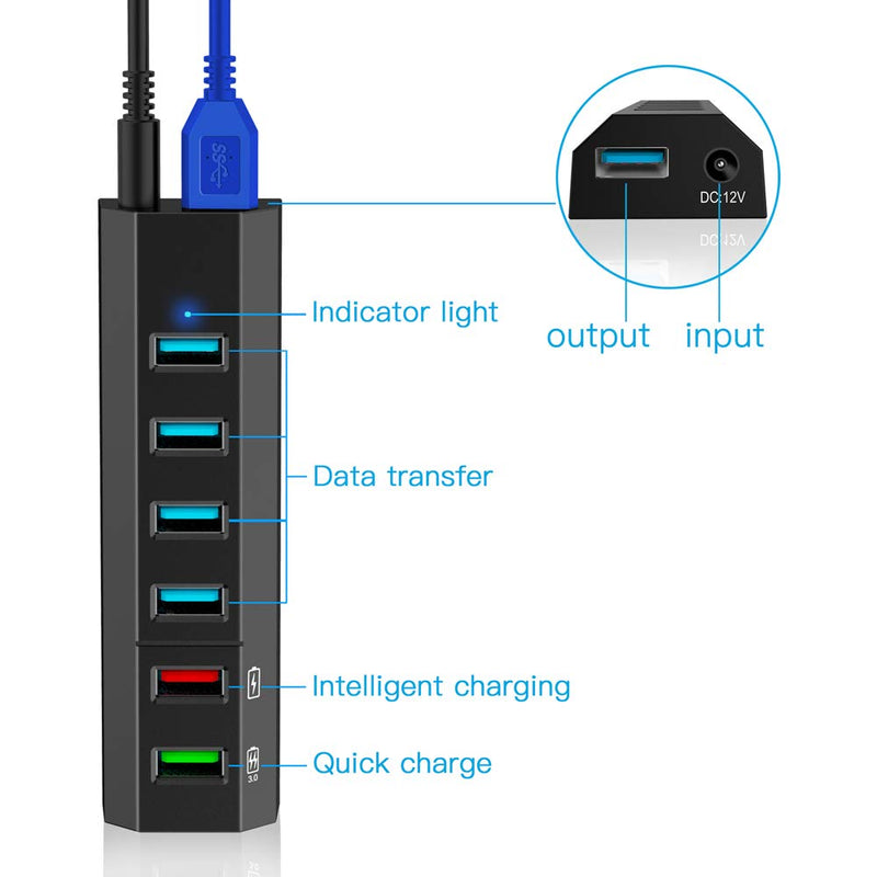 [Australia - AusPower] - USB Hub, Aiibe 6 Ports Super High Speed USB 3.0 Hub Splitter + 24W Power Adapter + USB 3.0 Cable, Black Smart Fast Charger Powered USB Hub for Laptop, Mac, PC, Mobile HDD, Mulitple Devices 