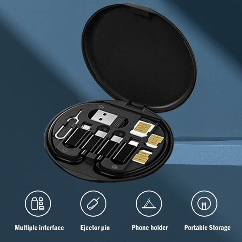 [Australia - AusPower] - USB Adapter Cable Conversion Storage Box, Multi-Type Charging Line Convertor Lightning Type C Micro Data Transfer Tool Contains Sim Card Slot Tray Eject Pin, Use as Phone Holder (Black) Black 