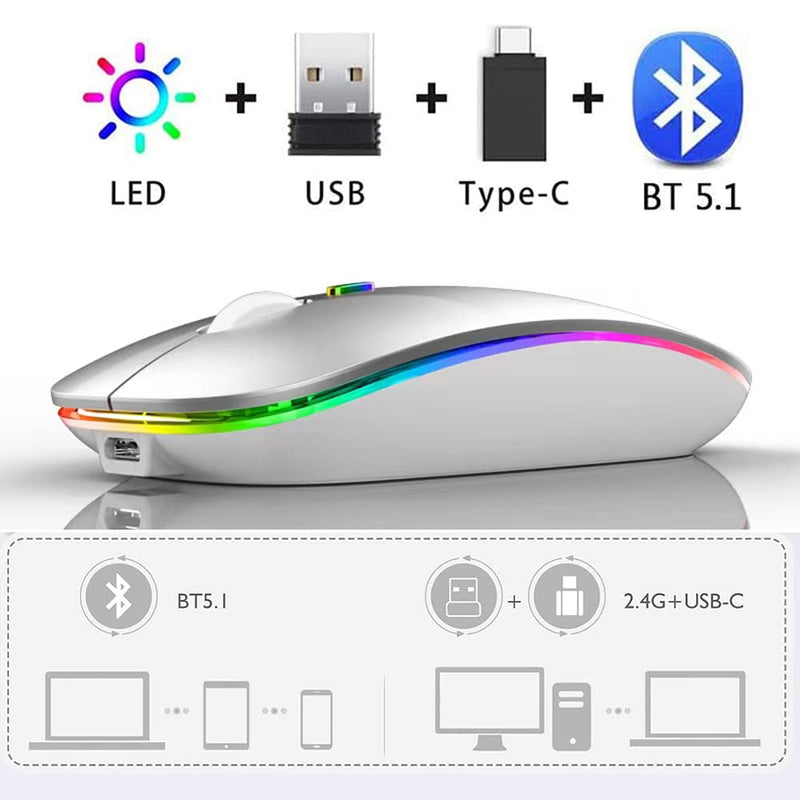 [Australia - AusPower] - LED Bluetooth Mouse,Bluetooth Mouse for MacBook Pro/MacBook Air/iMac/mac/ipad/ipad pro,Wireless Mouse for Macboook Air/MacBook Pro/PC (Silver) Silver 
