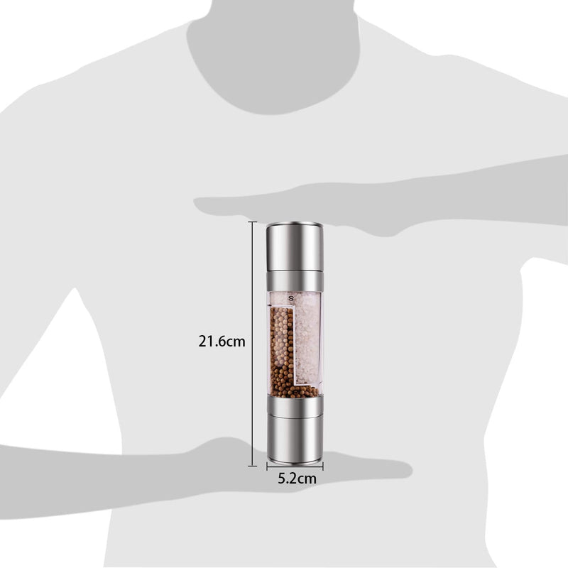 [Australia - AusPower] - Mixoo Salt and Pepper Grinder - 2 in 1 Manual Stainless Steel Salt Pepper Mill Herb Spice Grinder Shakers Refillable with Adjustable Coarseness Ceramic Rotor and Dual Clear Acrylic Chamber 