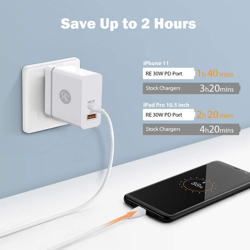 [Australia - AusPower] - USB C Charger, RE 42W Dual-Port Fast Charging Block Foldable Plug Adapter, 30W PD Compatible with iPad Pro, MacBook Air, iPhone 12 Pro Max 12 11 X 8, Google Pixel, AirPods Pro, 3.3ft C to C Cable Cord 