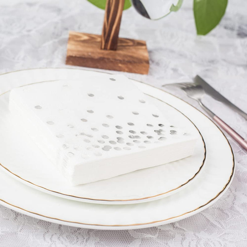[Australia - AusPower] - 80 Pack of White Paper Cocktail Napkins with Gold Foil Polka Dot Confetti，Polka Dot Party Supplies(5 x 5 in，3-ply) (Silver) silver 