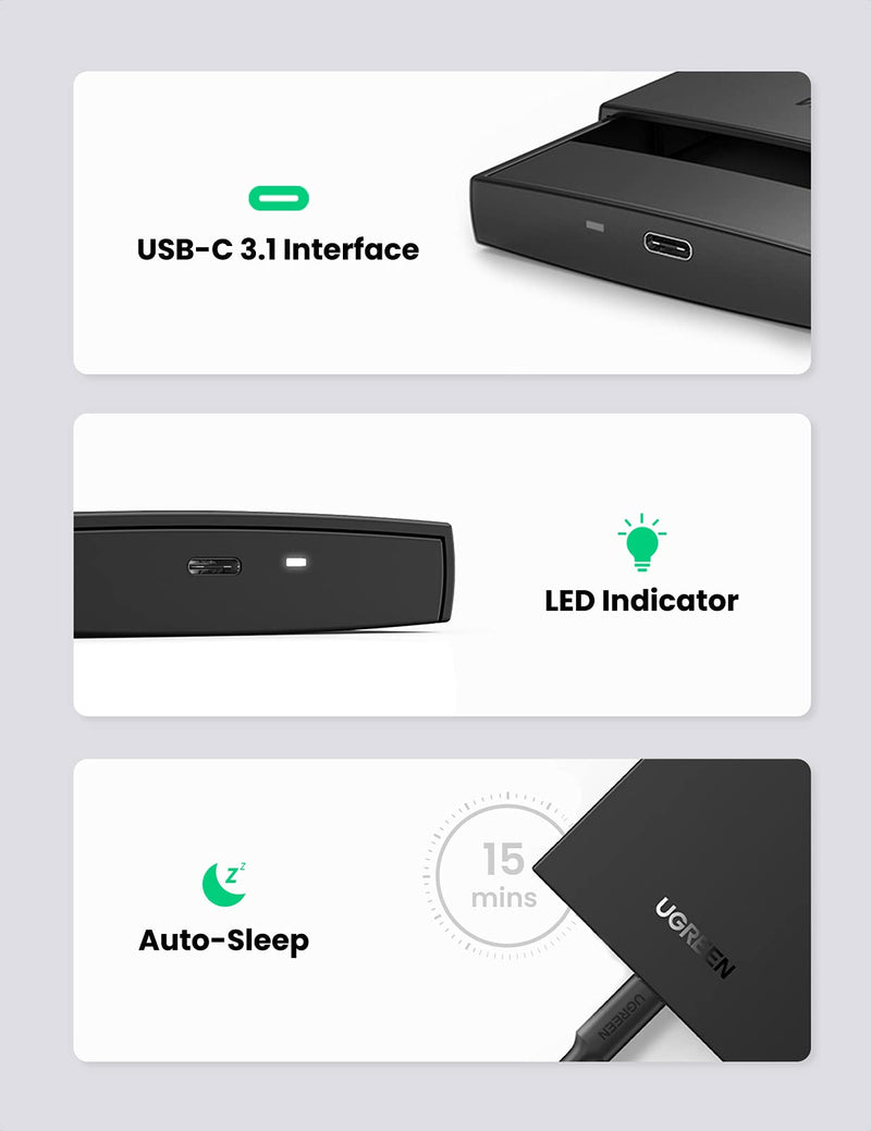 [Australia - AusPower] - UGREEN USB C Hard Drive Enclosure USB C 3.1 Gen 2 to SATA Adapter for 2.5" SATA SSD HDD 6Gbps High-Speed Support UASP SATA III Compatible with MacBook Pro Air WD Seagate Toshiba Samsung Hitachi 