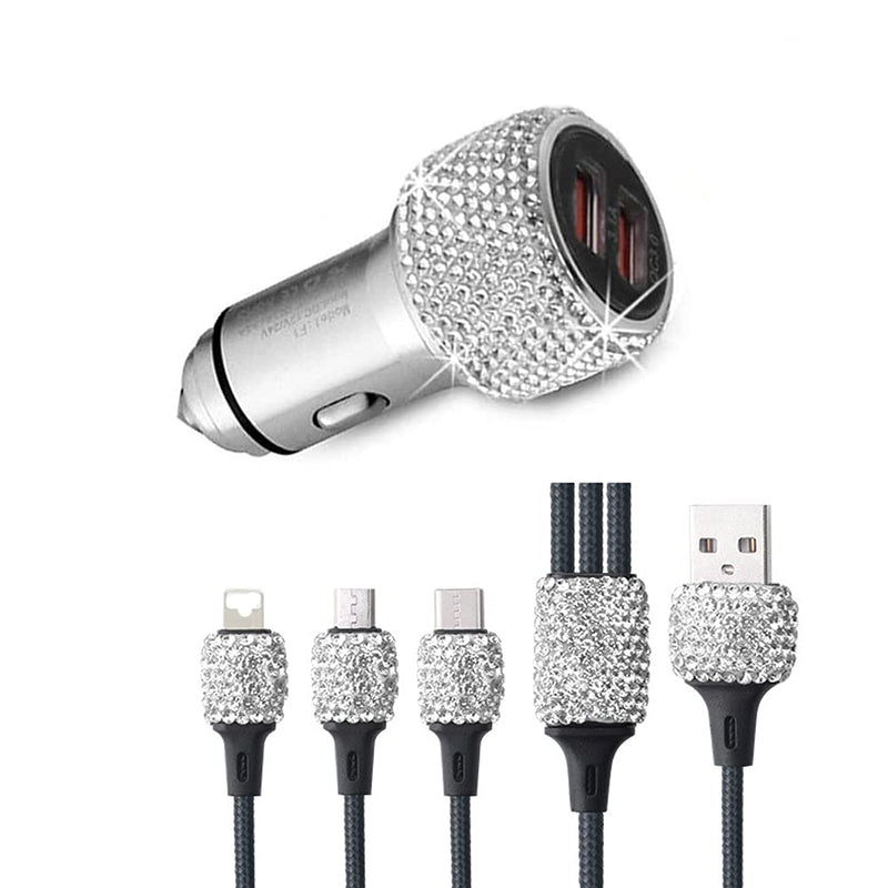 [Australia - AusPower] - Bling Car Charger Accessories Set,Rhinestone Dual USB Car Chargers + Bling 3 in1 Nylon Braided Charging Cable,Bling Crystal Decoration Car Accessories Kits for Girl and Women (Silver) Silver 