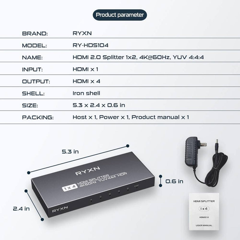 [Australia - AusPower] - HDMI Splitter 1 in 4 Out 4K@60Hz, HDMI Splitter 1x4 Support HDMI 2.0, YUV 4:4:4, HDCP 2.3, EDID, LPCM 7.1, for PS5/PS4, Xbox, Roku, Apple TV, Fire Stick, Blu-ray Player RY-HDS104 