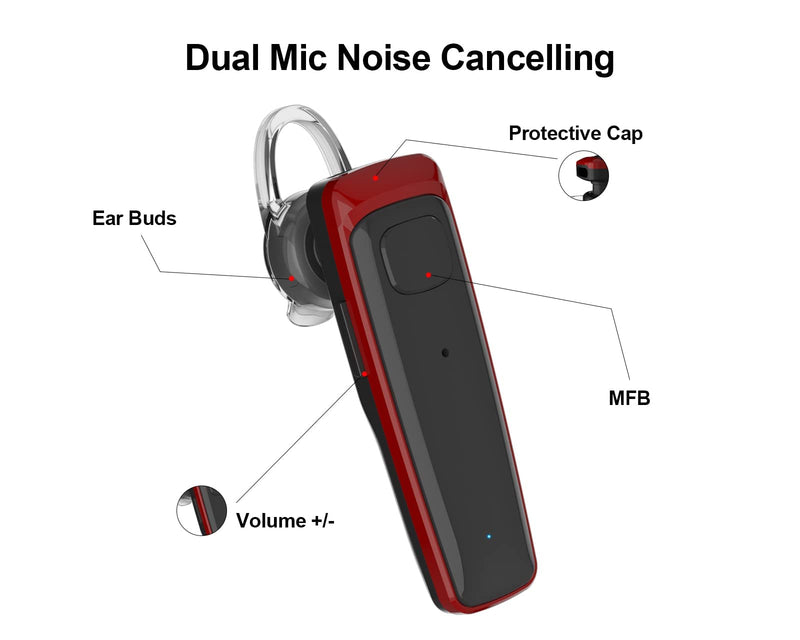 [Australia - AusPower] - ADADPU Bluetooth Headset - V5.0 Wireless Handsfree Earpiece Built-in Dual Mic Noise Cancelling, 10 Days Standby 16Hrs HD Talktime Ultralight Headset for iPhone Android Samsung Laptop(Red) 