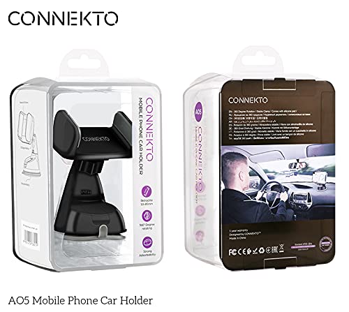[Australia - AusPower] - CONNEKTO Mobile Phone Car Holder A05: Universal, Black, Smartphone, Retractile Stable Clamp for Vehicles, Silicone Pad, Rotates 360, Tilts, Compatible Model AO5 Black 
