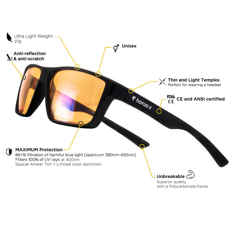 [Australia - AusPower] - Horus X • Bundle Light Gaming & Office Glasses Rest Filter Protection [50-86%] • Anti Blue Light Screens • Video Games Computer Console PC • Gaming Accessories Pack • Men and Women 
