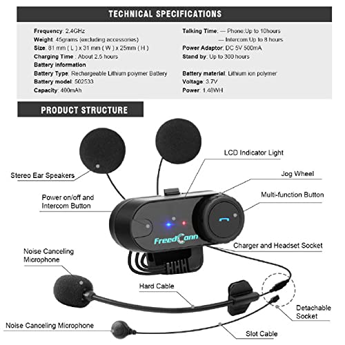 [Australia - AusPower] - FreedConn TCOM VB Motorcycle Helmet Bluetooth Intercom Headset Communication Systems Kit, for 2 or 3 Riders, FM Radio / MP3/GPS Connective/Range 800m / Handsfree / 1 Pack Changeable Hard & Soft Mic Single Pack of Hard Mic Cord 