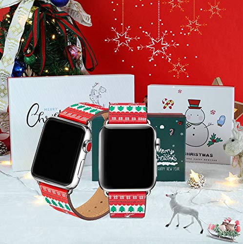 [Australia - AusPower] - POWER PRIMACY Bands Compatible with Apple Watch Band 38mm 40mm 42mm 44mm, Top Grain Leather Smart Watch Strap Compatible for Men Women iWatch Series 6 5 4 3 2 1,SE (Christmas Tree&Silver, 38mm/40mm) 