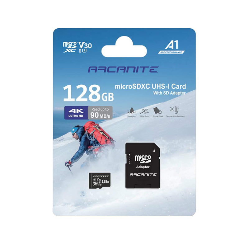 [Australia - AusPower] - ARCANITE 128GB microSDXC Memory Card with Adapter - A1, UHS-I U3, V30, 4K, C10, Micro SD, Optimal Read speeds up to 90 MB/s A1 High Speed 