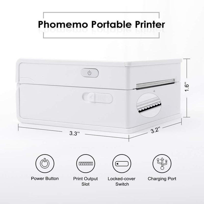 [Australia - AusPower] - Phomemo M02 Pocket Printer- Mini Bluetooth Thermal Printer with 3 Rolls White Sticker Paper, Compatible with iOS + Android for Learning Assistance, Study Notes, Journal, Fun, Work，White 