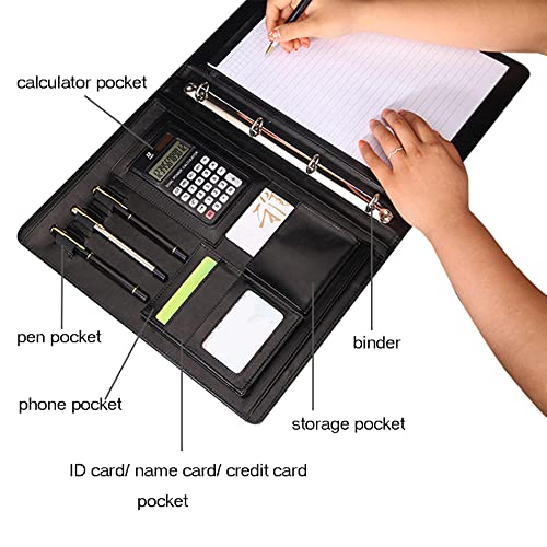 [Australia - AusPower] - Professional Portfolio Leather Business Padfolio Notebook with Letter Size Clipboard, A4 Portfolio Binder & Organizer Folder (Black) Black 