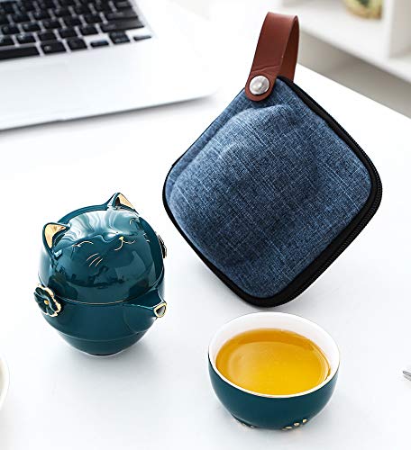 [Australia - AusPower] - Portable Ceramic Tea Cup Set: Lucky Cat Porcelain Teapot Set with Tea Strainer - Lids and 1 Shockproof Storage Case - Suitable for Travel - Outdoor Picnic - Office Work - Home - Green 