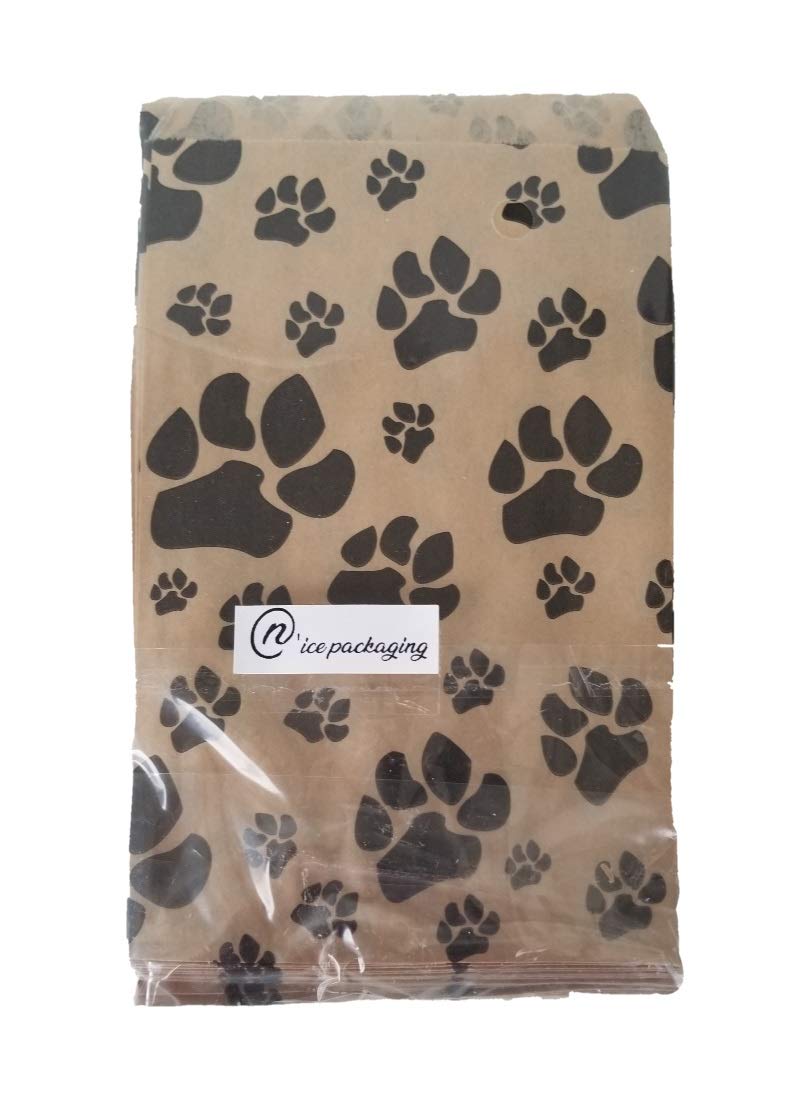 [Australia - AusPower] - 100 Bags Flat Plain Paper or Patterned Bags for candy, cookies, merchandise, pens, Party favors, Gift bags (4" x 6", Paw Print) 4" x 6" 