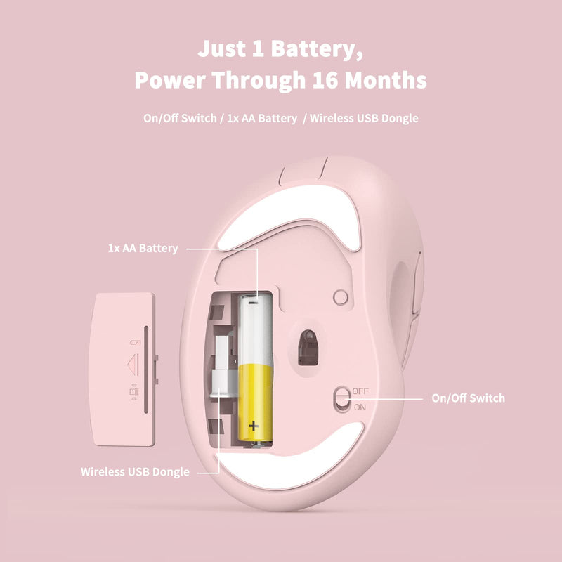 [Australia - AusPower] - Ergonomic Wireless Mouse with USB Receiver for PC Computer, Laptop and Desktop, Ergo Mouse with Silent Clicks, About 16-Month Battery Life, Up to 1600 DPI & 1 AA Battery Powered, Pink 