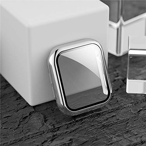 [Australia - AusPower] - HANKN 2 Pack Tempered Glass Case 44mm Compatible with Apple Watch Series 6 5 4 Se 44mm Case Tempered Glass Screen Protector, Plated Hard PC Cover Full Coverage Shockproof Iwatch Bumper (44mm, Silver+Silver) 