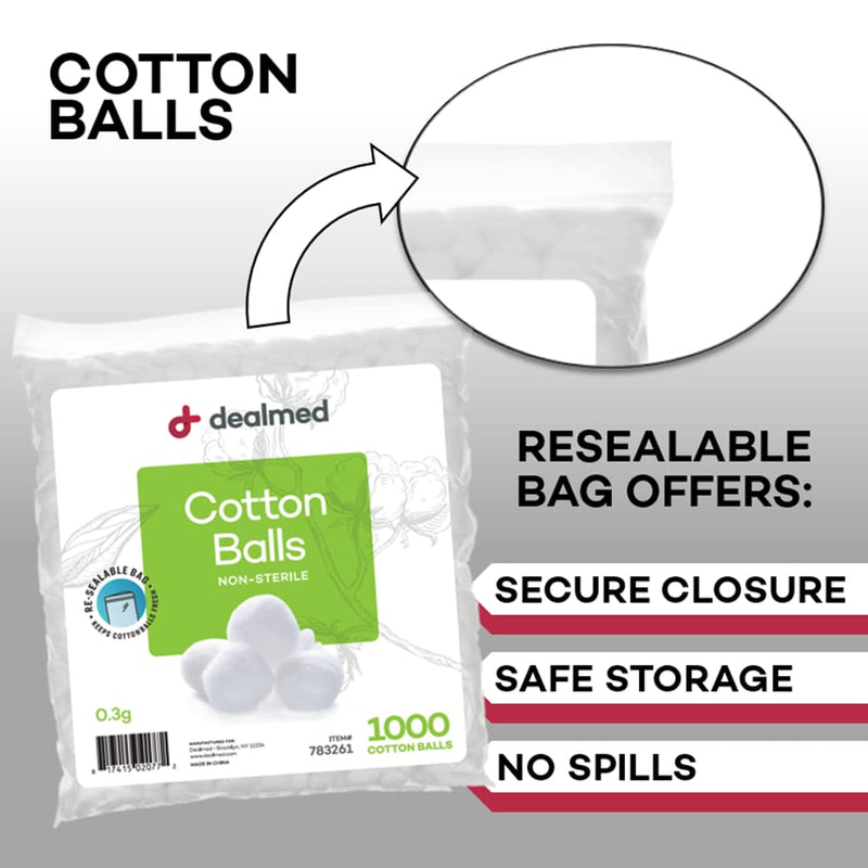 [Australia - AusPower] - Dealmed Cotton Balls – 1000 Count Medium Cotton Balls, Non-Sterile Bag of Cotton Balls in Easy to Access Zip-Locked Bag, Great for Skin Prep, Wound Cleansing, and DIY Needs 1000 Count (Pack of 1) 