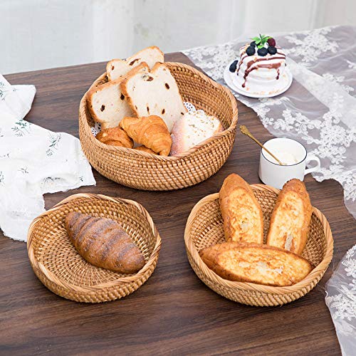 [Australia - AusPower] - Rattan Round Fruit Baskets, Wicker Storage Bowls, Natural Woven Serving Basket Bowls, Decorative Baskets for Kitchen Counter Organizing, set of 3 Wave 