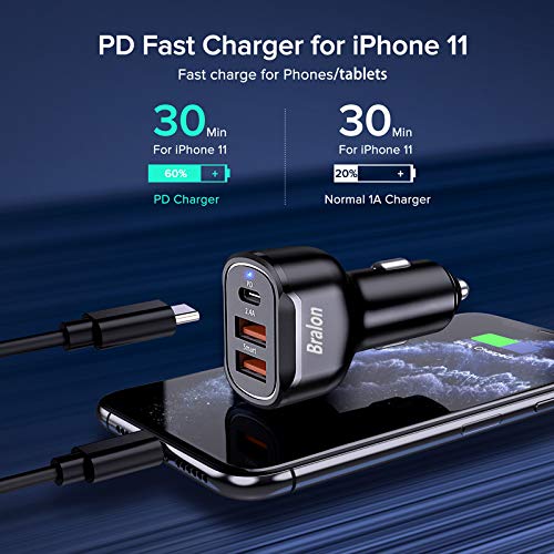 [Australia - AusPower] - USB C Car Charger,Bralon 44W(20W PD 3.0 & Dual USB-A 24W/4.8A) Rapid Car Charger Adapter Compatible with Phone 12/12 Pro(Max)/12 mini/11/11 Pro(Max)/XS/XR/X/8/7,Galaxy Note S10 S9 S8 S7 & More Black-1Pack 