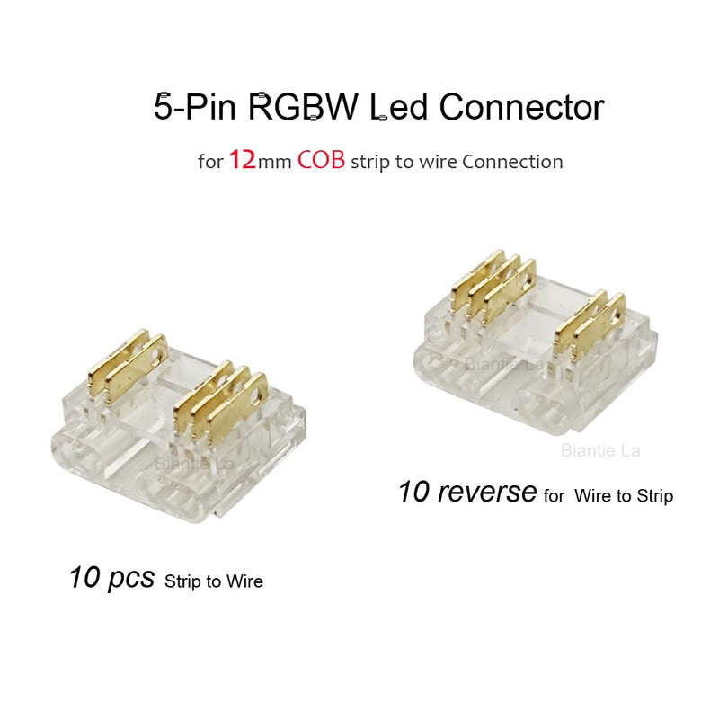 [Australia - AusPower] - Biantie La RGBW LED Strip Light Connectors - 5-Pin 12mm Solderless Clips for COB Tape Strip-to-Wire Joints (Pack of 20) 