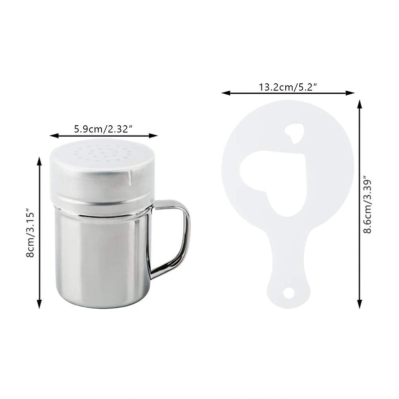 [Australia - AusPower] - AIFUDA 2 Pcs Stainless Steel Dredge Shaker with Handle and 16 pcs Printing Molds Stencils, Salt Pepper Coffee Cocoa Cinnamon Powder Can with Hole for Kitchen Baking Cooking 