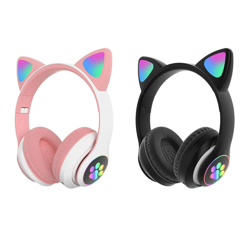 [Australia - AusPower] - EMVANV Cute Cat Ear Headphones, LED Lights Wireless Bluetooth 5.0 Headset for PC Tablet FM Radio Gift Stereo Kids Adult Foldable Gaming Headphones Black 