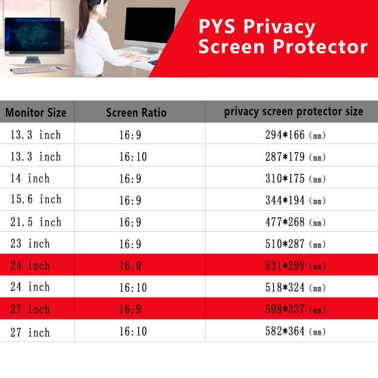 [Australia - AusPower] - PYS Monitor Privacy Screen 27 inch -for Widescreen Computer Monitor[16:9 Aspect Ratio], Anti-Spy/Anti Blue/Anti-Scratch Protector Film for Data confidentiality - (WxH:598mm x 377mm) Black 