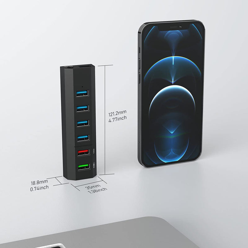 [Australia - AusPower] - USB Hub, Aiibe 6 Ports Super High Speed USB 3.0 Hub Splitter + 24W Power Adapter + USB 3.0 Cable, Black Smart Fast Charger Powered USB Hub for Laptop, Mac, PC, Mobile HDD, Mulitple Devices 