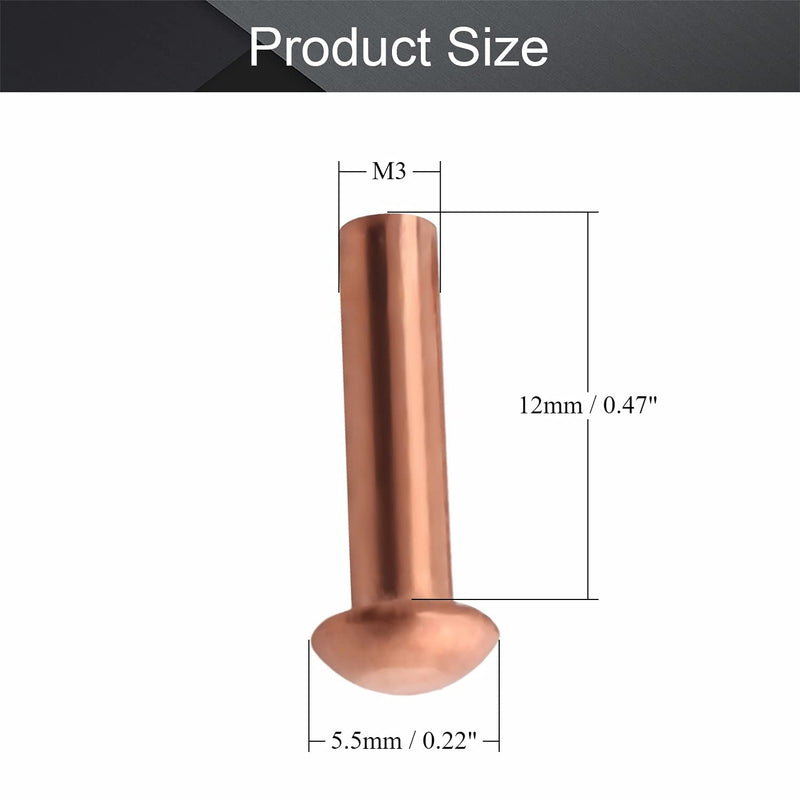 [Australia - AusPower] - MroMax 50Pcs M3 Round Head Copper Solid Rivets Fastener 0.12" Dia x 0.47" Length for Electrical Applications Copper Finish Copper Tone Copper 3*12 