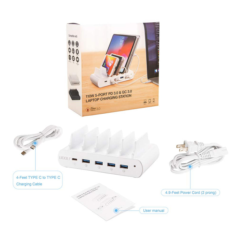 [Australia - AusPower] - UDOLI 110W 5 Ports Fast Charging Station Organizer for Multiple Devices, 96W 61W 30W Type C USB Laptop Charger for Apple MacBook Pro Air, Compatible with iPad iPhone and Android Phone Tablet White 